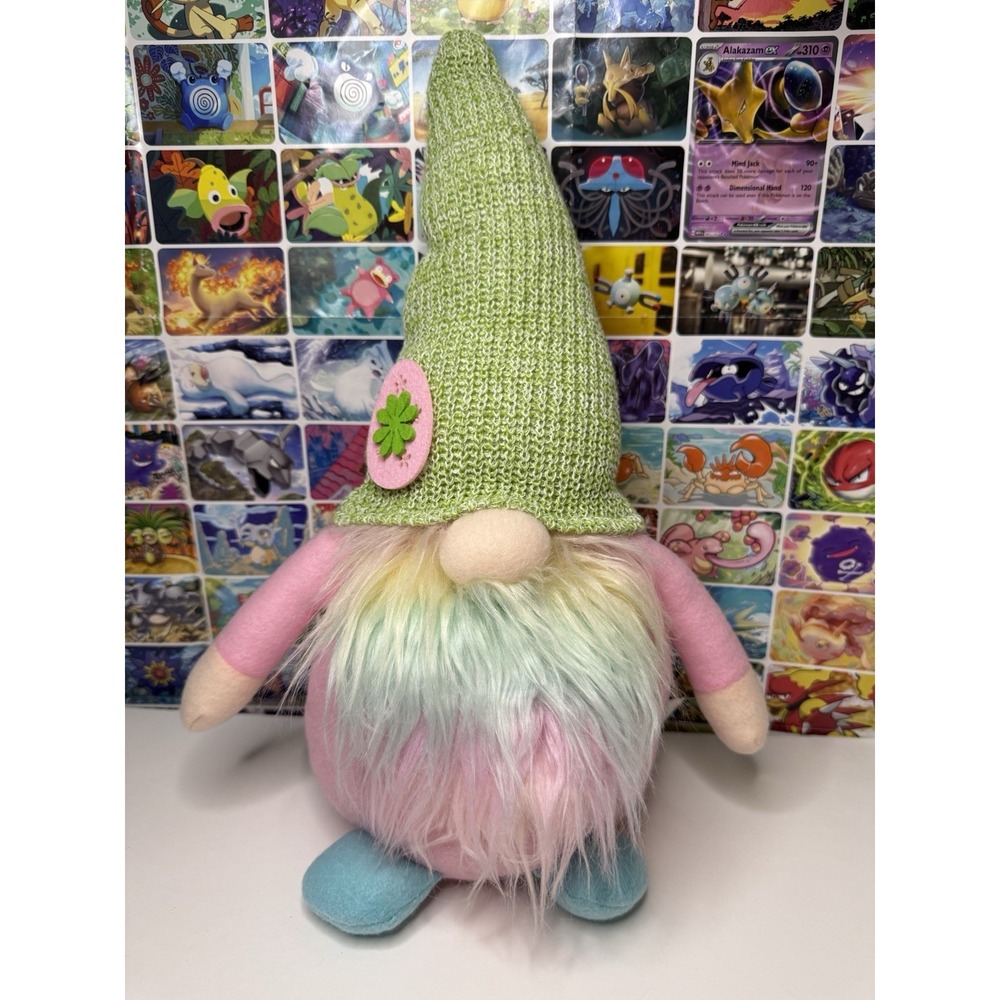 Gnome Plush 16" Pastel Rainbow Beard Green Hat‎ Spring Decor